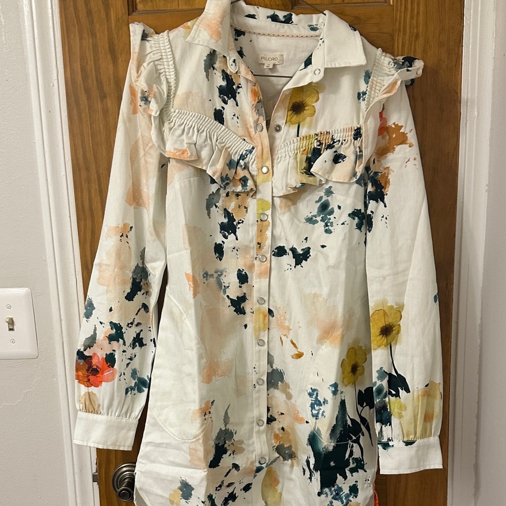 Anthropologie Pilcro Watercolor Floral Ruffle Button-Up Dress- XS- $168- NWT! - Picture 5 of 8